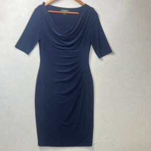 Lauren Ralph Lauren Women’s Size 8 Cowlneck Sheath Dress Navy Blue Career